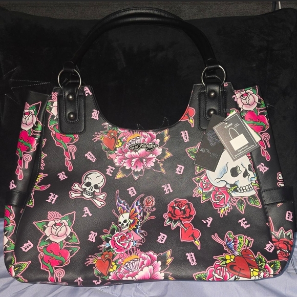 Ed Hardy Handbags - Ed Hardy Black and Pink Skull Floral Tote